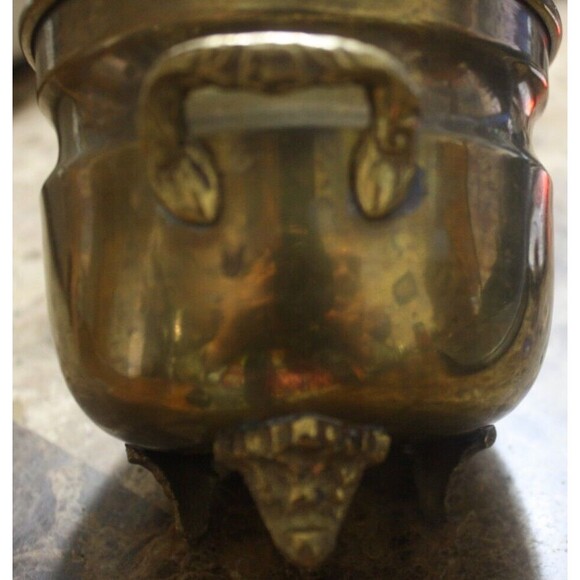 Vintage Brass Cauldron Pot 3 Footed Planter Ornate Feet Handles 4” Diameter - Picture 7 of 7